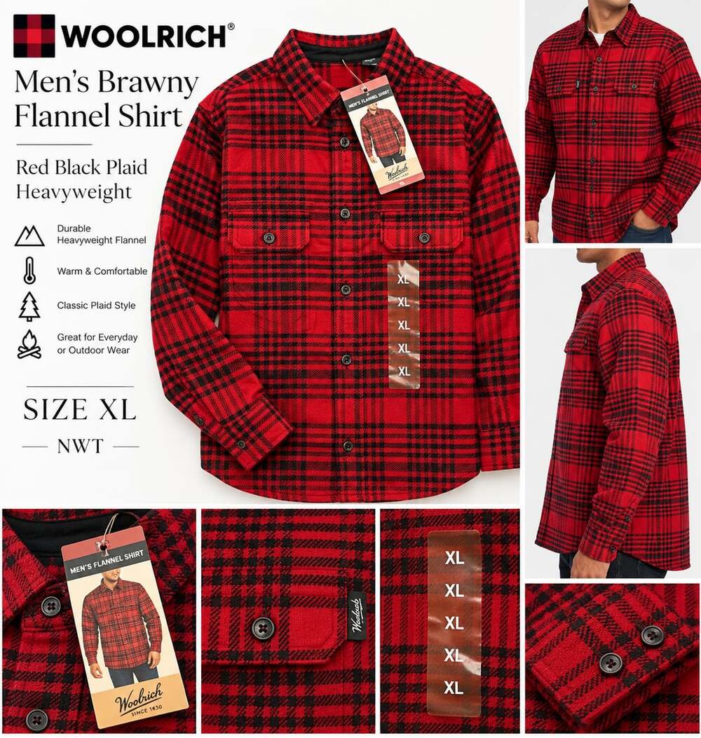 NWT Woolrich Men's Brawny Flannel Shirt Red Black Plaid Heavyweight XL
